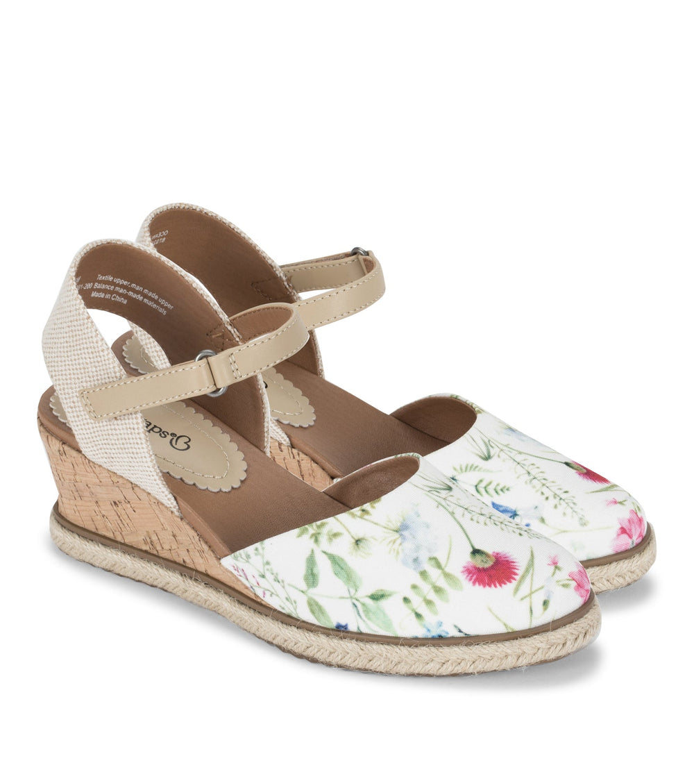 Baretraps Ocean Closed Toe Wedge Sandal White Multi Flower Canvas